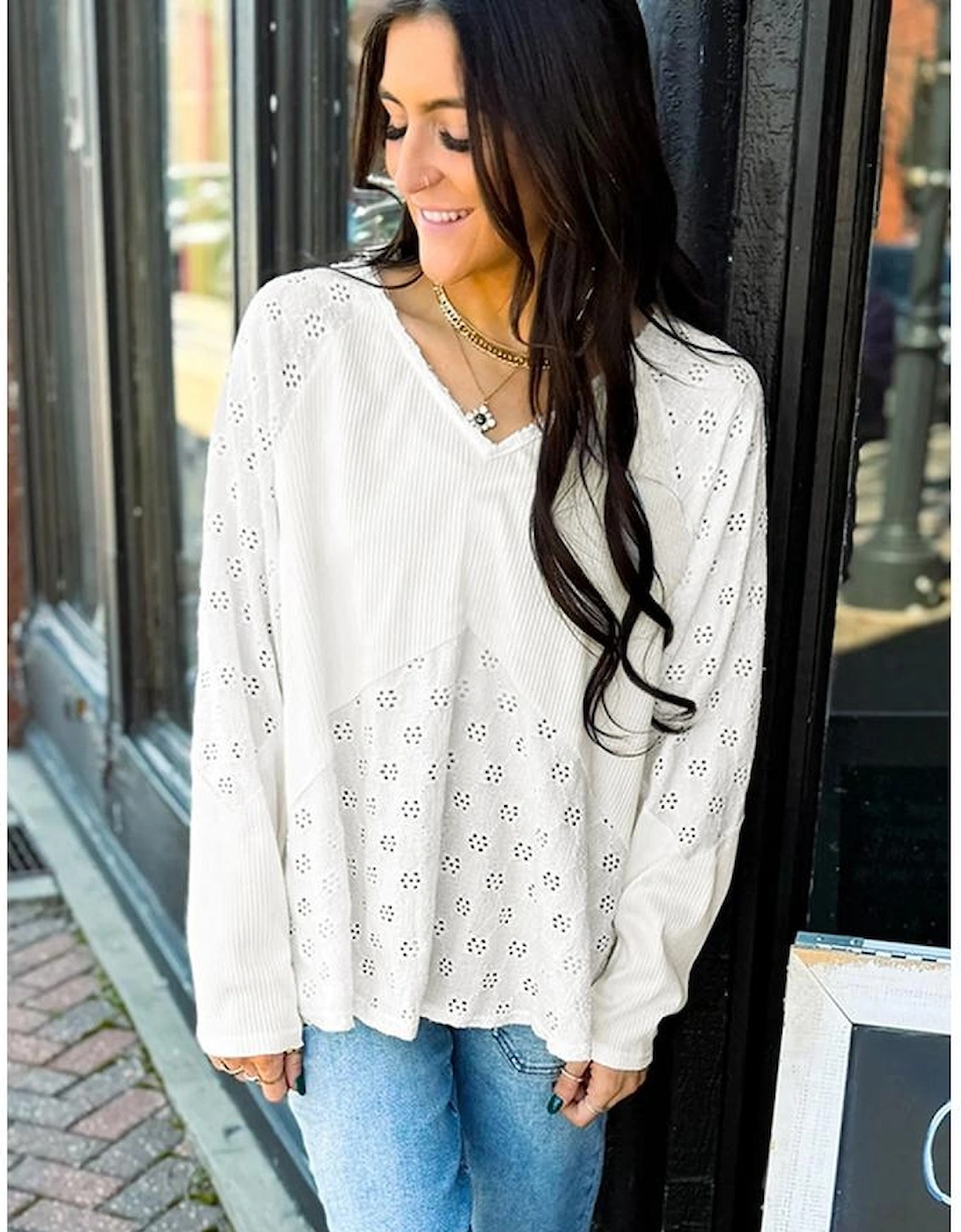 White Twisted Rib Patchwork Embroidered Loose V Neck Long Sleeve Top