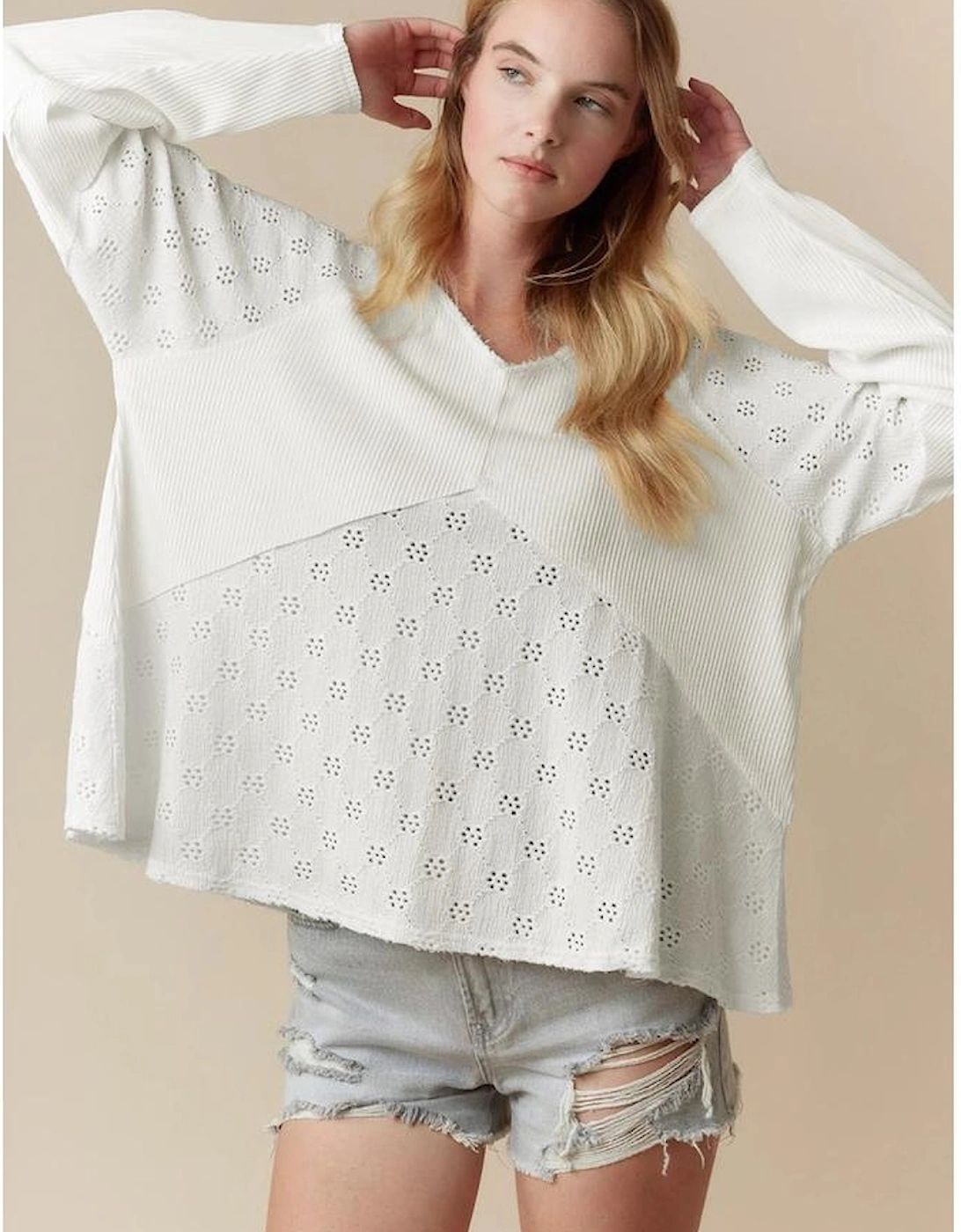 White Twisted Rib Patchwork Embroidered Loose V Neck Long Sleeve Top