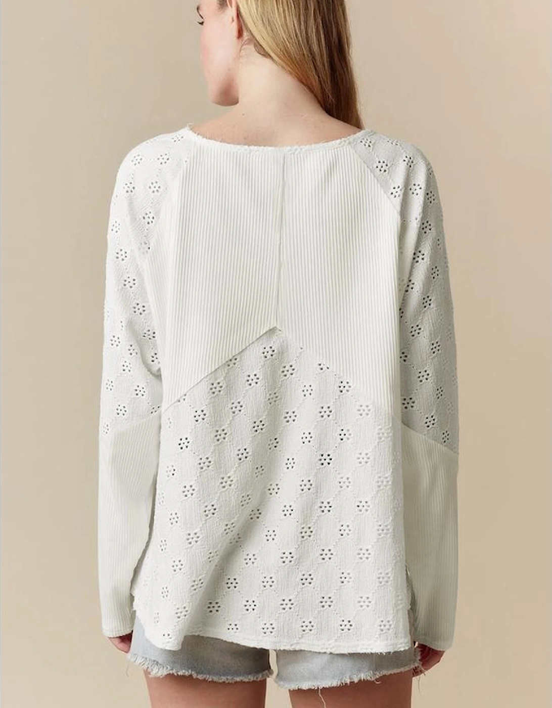 White Twisted Rib Patchwork Embroidered Loose V Neck Long Sleeve Top