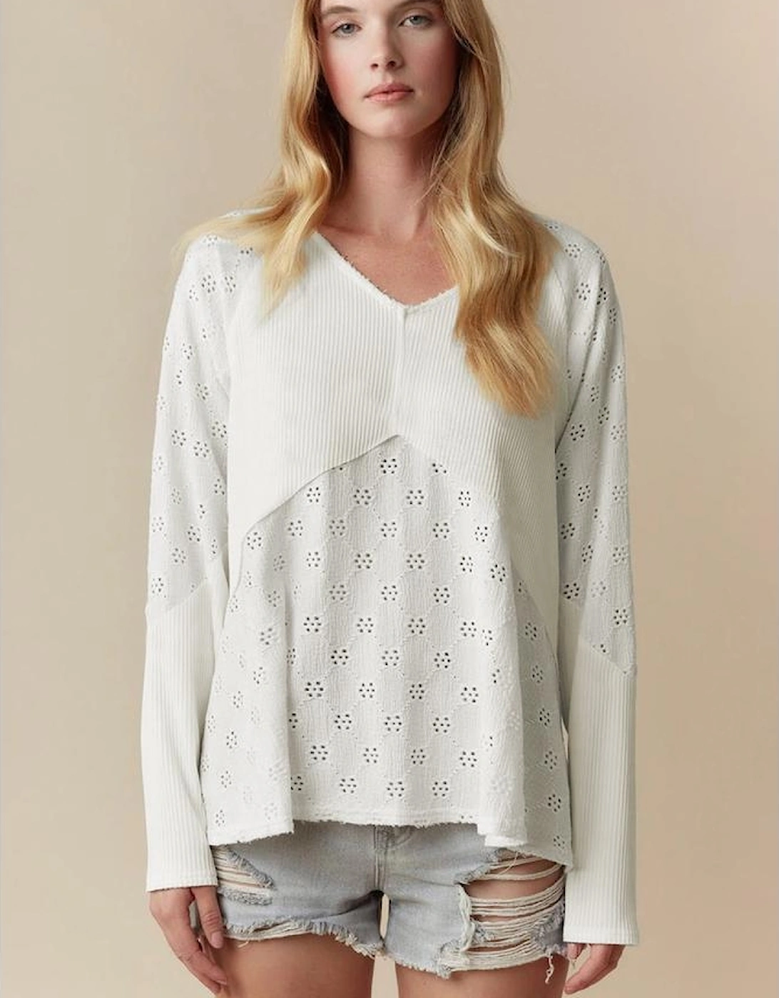 White Twisted Rib Patchwork Embroidered Loose V Neck Long Sleeve Top