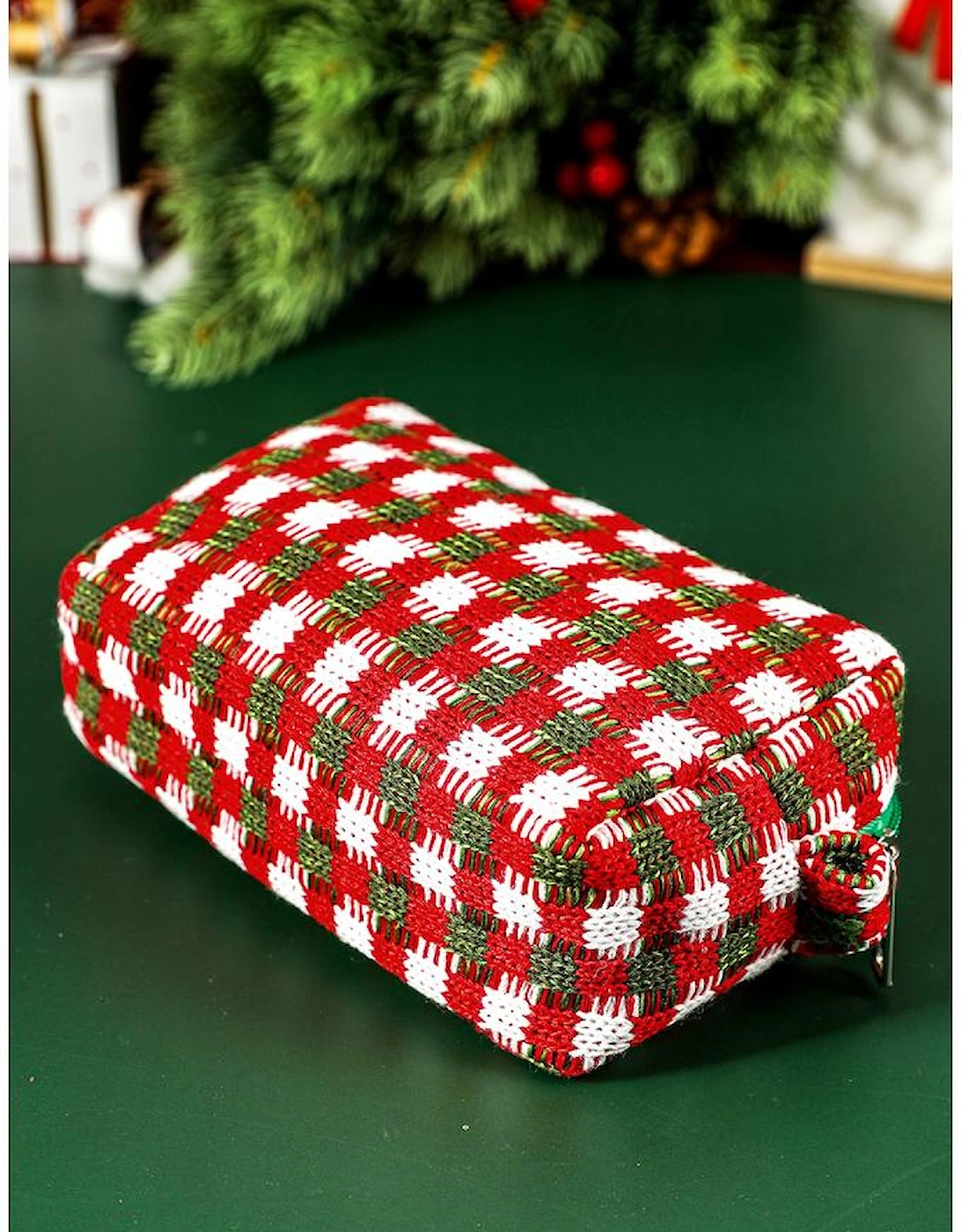 Racing Red Christmas Style Crochet Zipper Square Makeup Bag