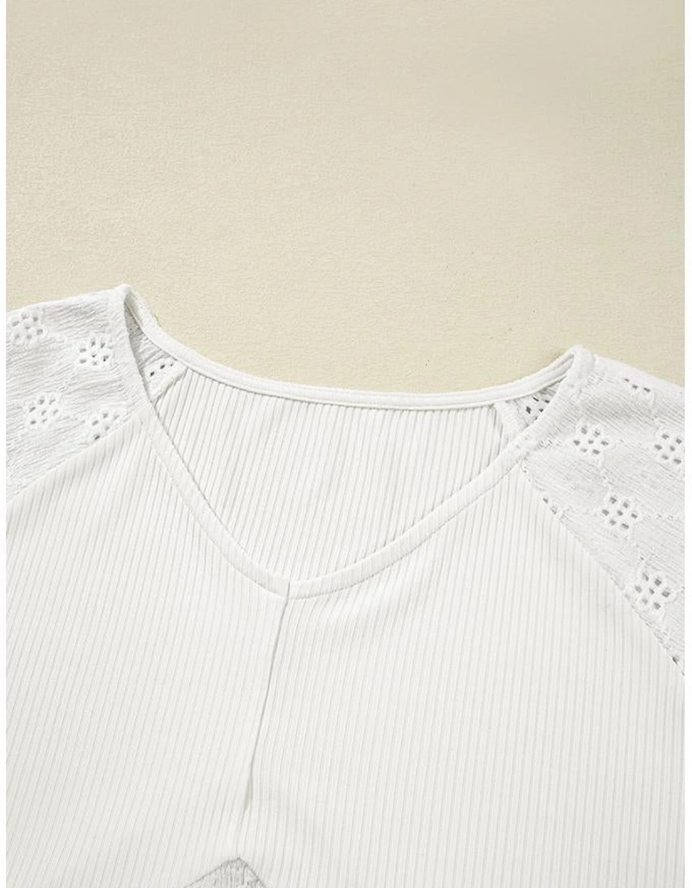 White Twisted Rib Patchwork Embroidered Loose V Neck Long Sleeve Top