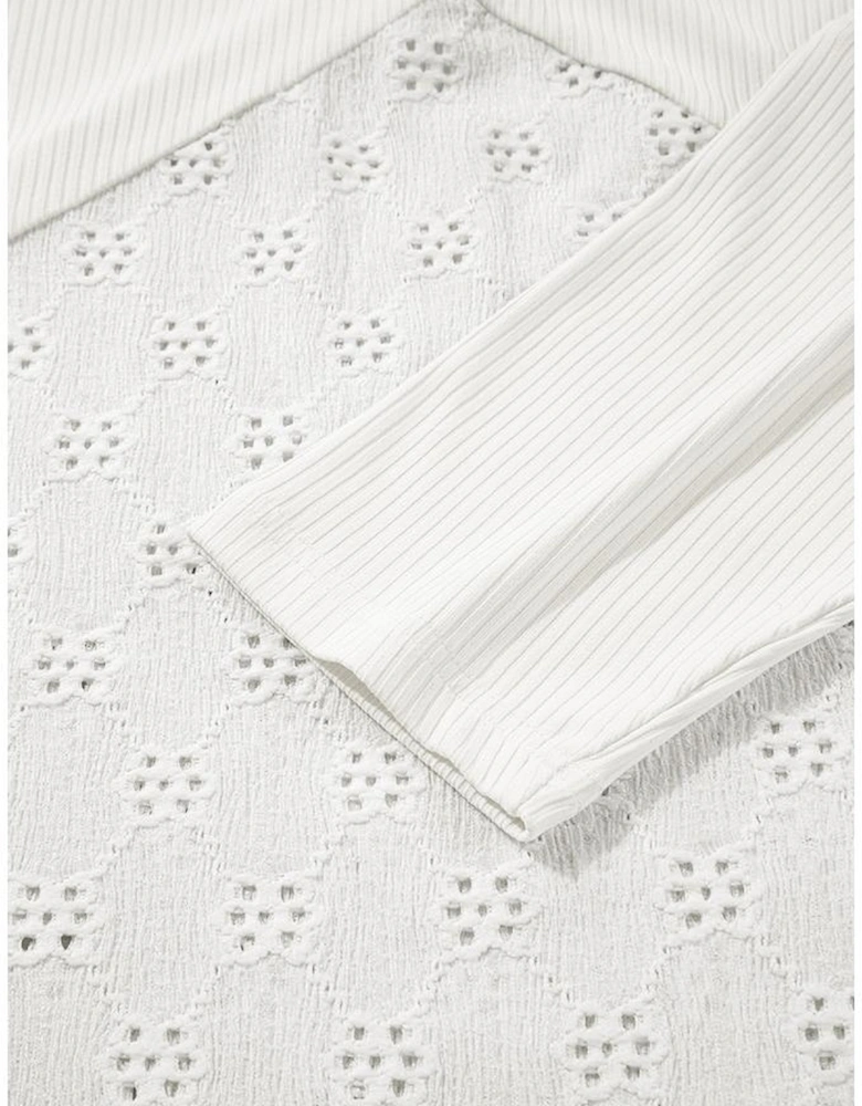 White Twisted Rib Patchwork Embroidered Loose V Neck Long Sleeve Top