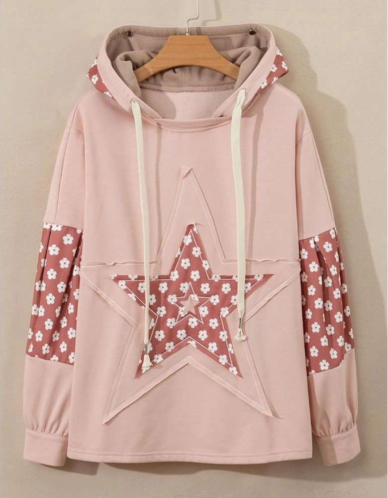 Delicacy Floral Patchwork Star Pattern Drawstring Hoodie