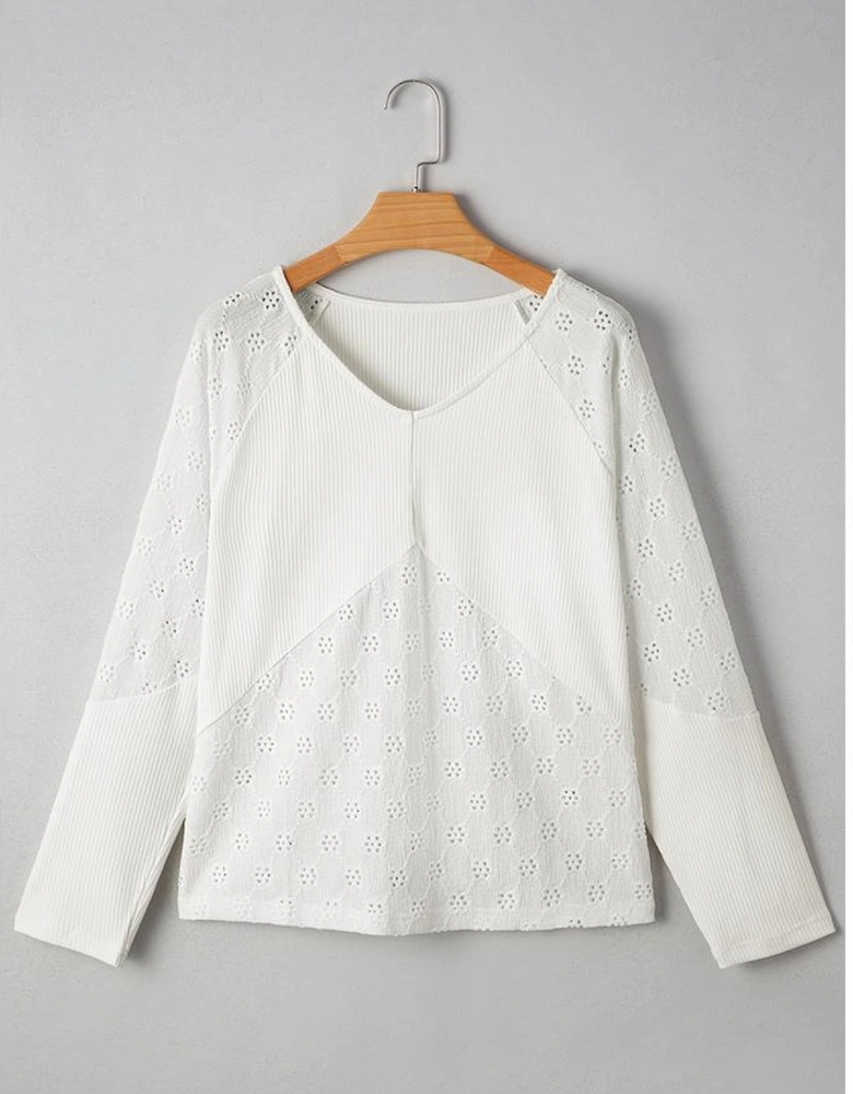 White Twisted Rib Patchwork Embroidered Loose V Neck Long Sleeve Top