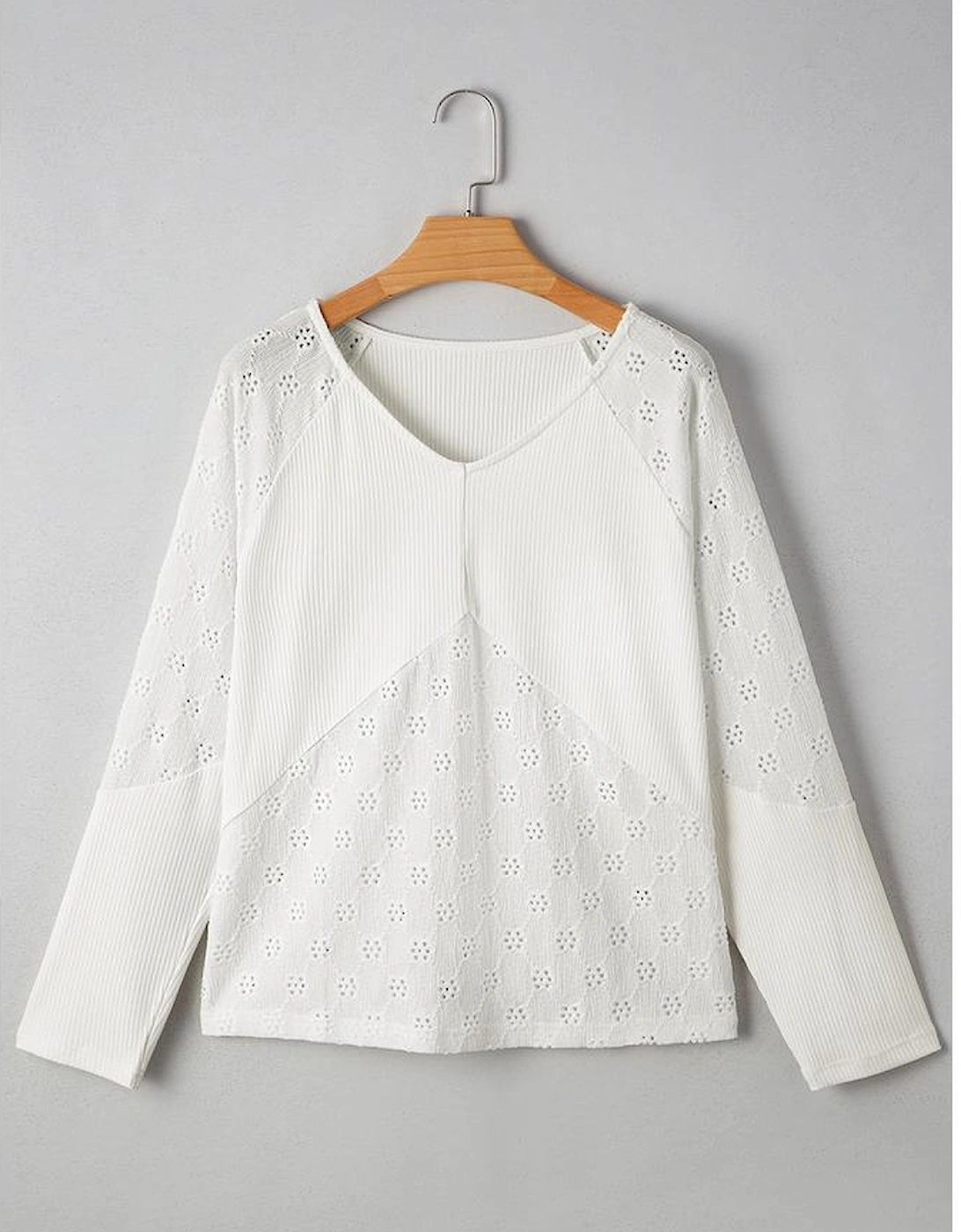 White Twisted Rib Patchwork Embroidered Loose V Neck Long Sleeve Top