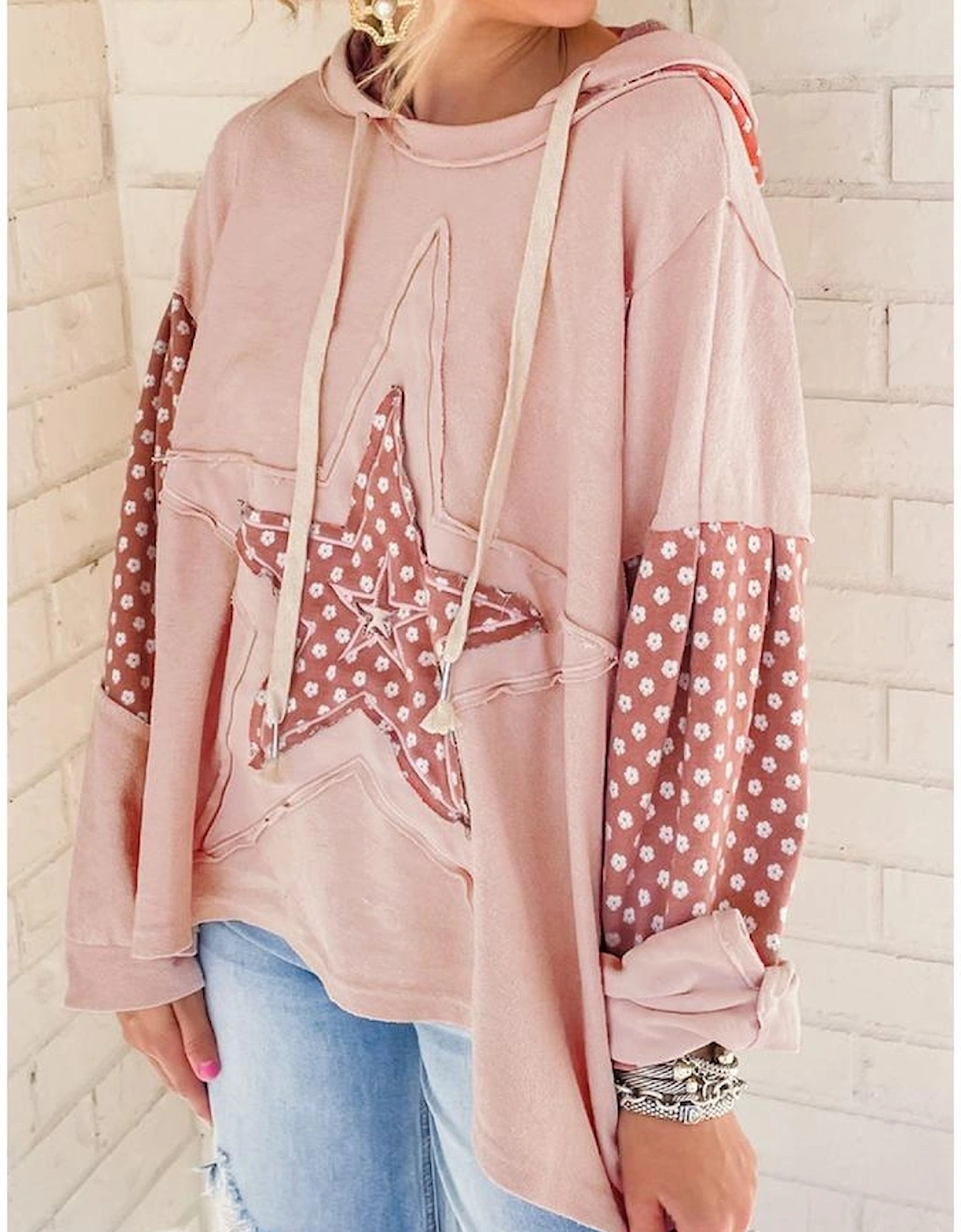 Delicacy Floral Patchwork Star Pattern Drawstring Hoodie