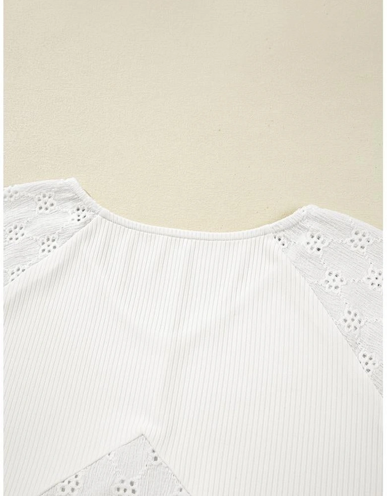 White Twisted Rib Patchwork Embroidered Loose V Neck Long Sleeve Top