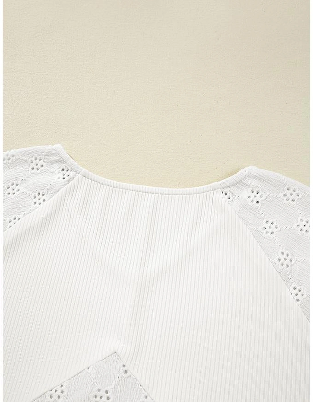 White Twisted Rib Patchwork Embroidered Loose V Neck Long Sleeve Top