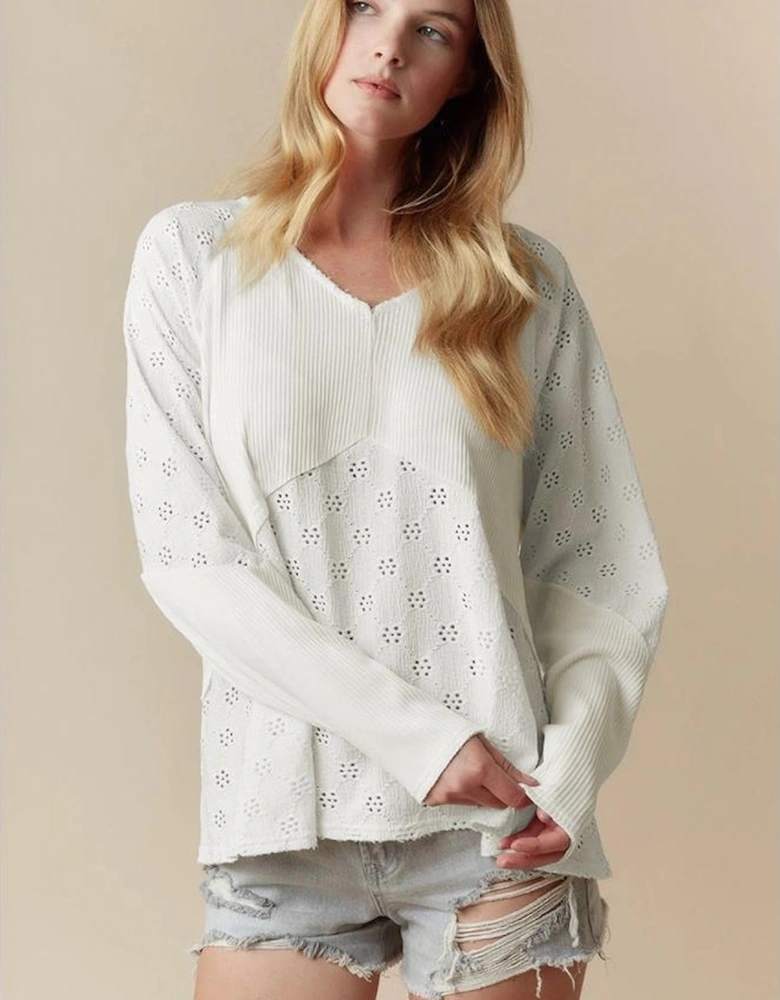 White Twisted Rib Patchwork Embroidered Loose V Neck Long Sleeve Top