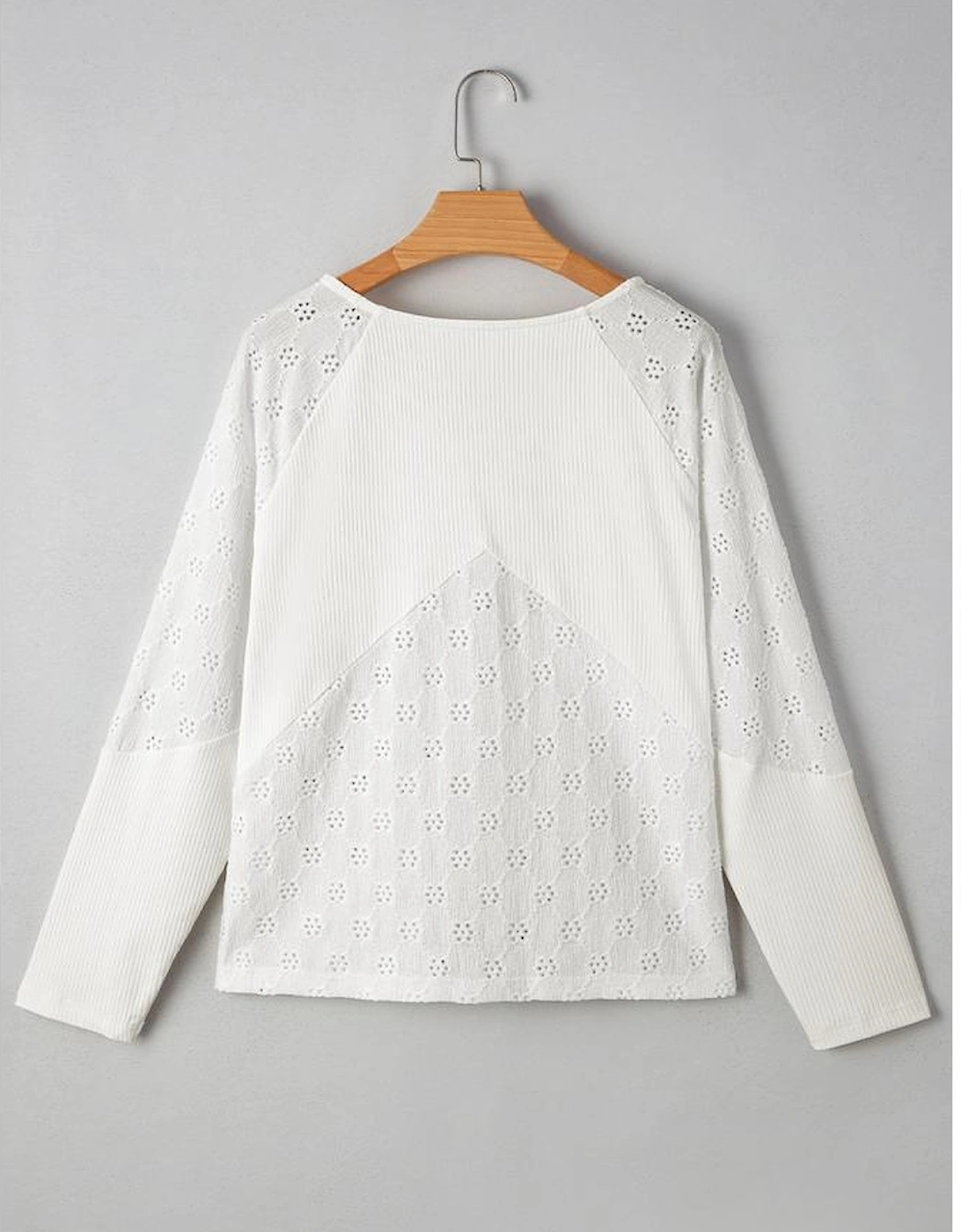 White Twisted Rib Patchwork Embroidered Loose V Neck Long Sleeve Top