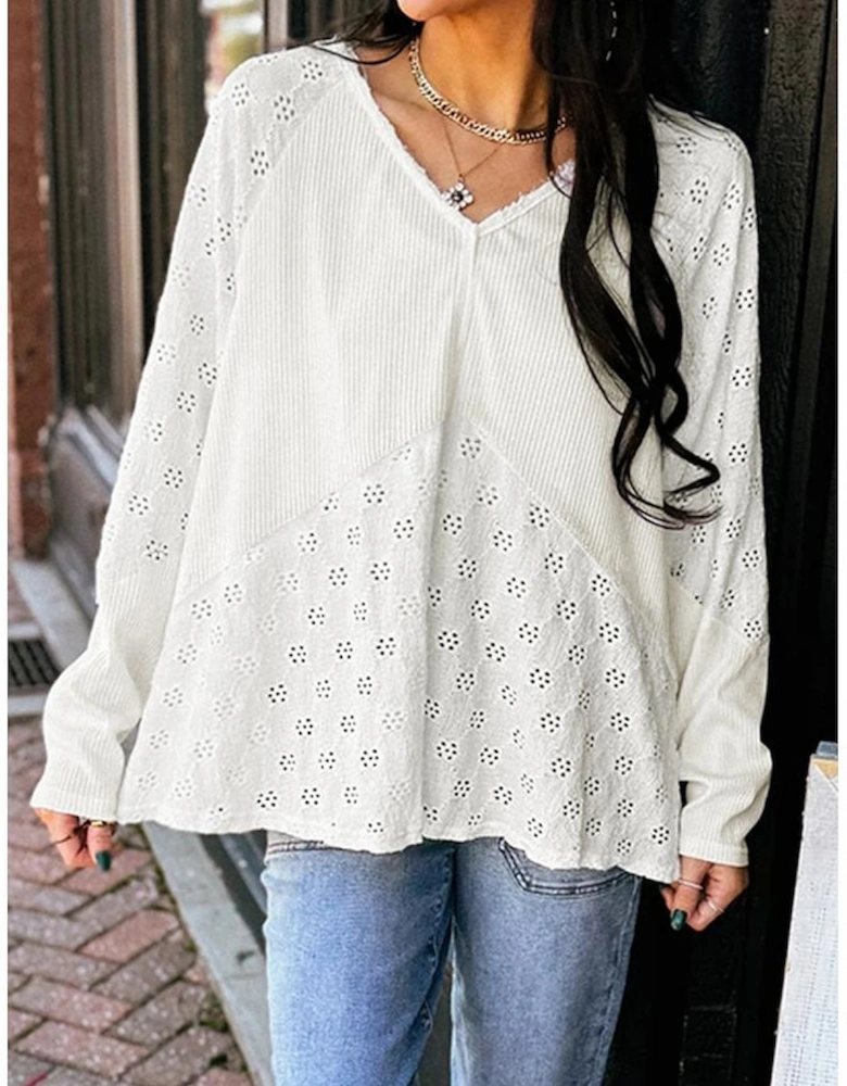 White Twisted Rib Patchwork Embroidered Loose V Neck Long Sleeve Top