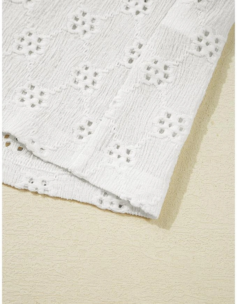 White Twisted Rib Patchwork Embroidered Loose V Neck Long Sleeve Top