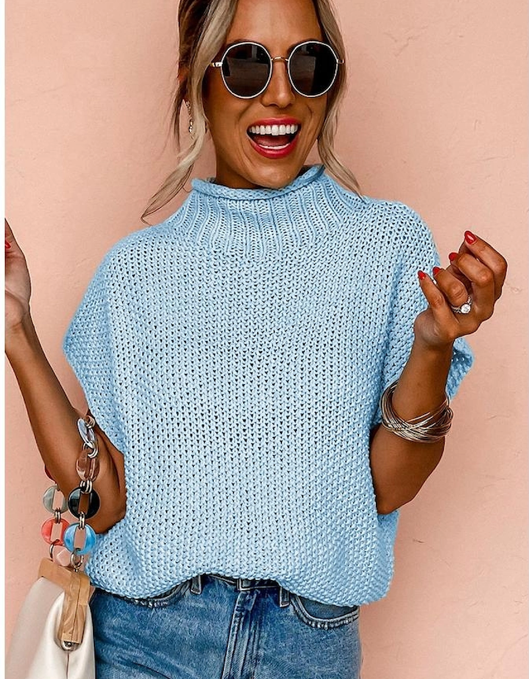 Iceland Blue High Neck Bat Short Sleeve Sweater, 12 of 11