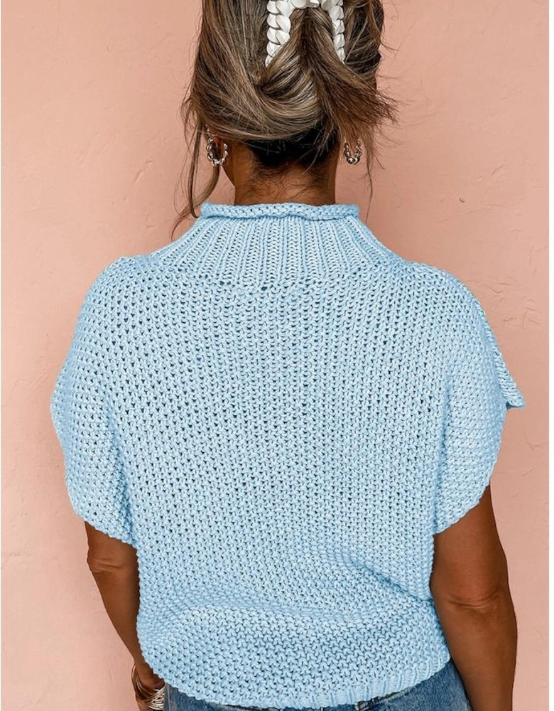 Iceland Blue High Neck Bat Short Sleeve Sweater