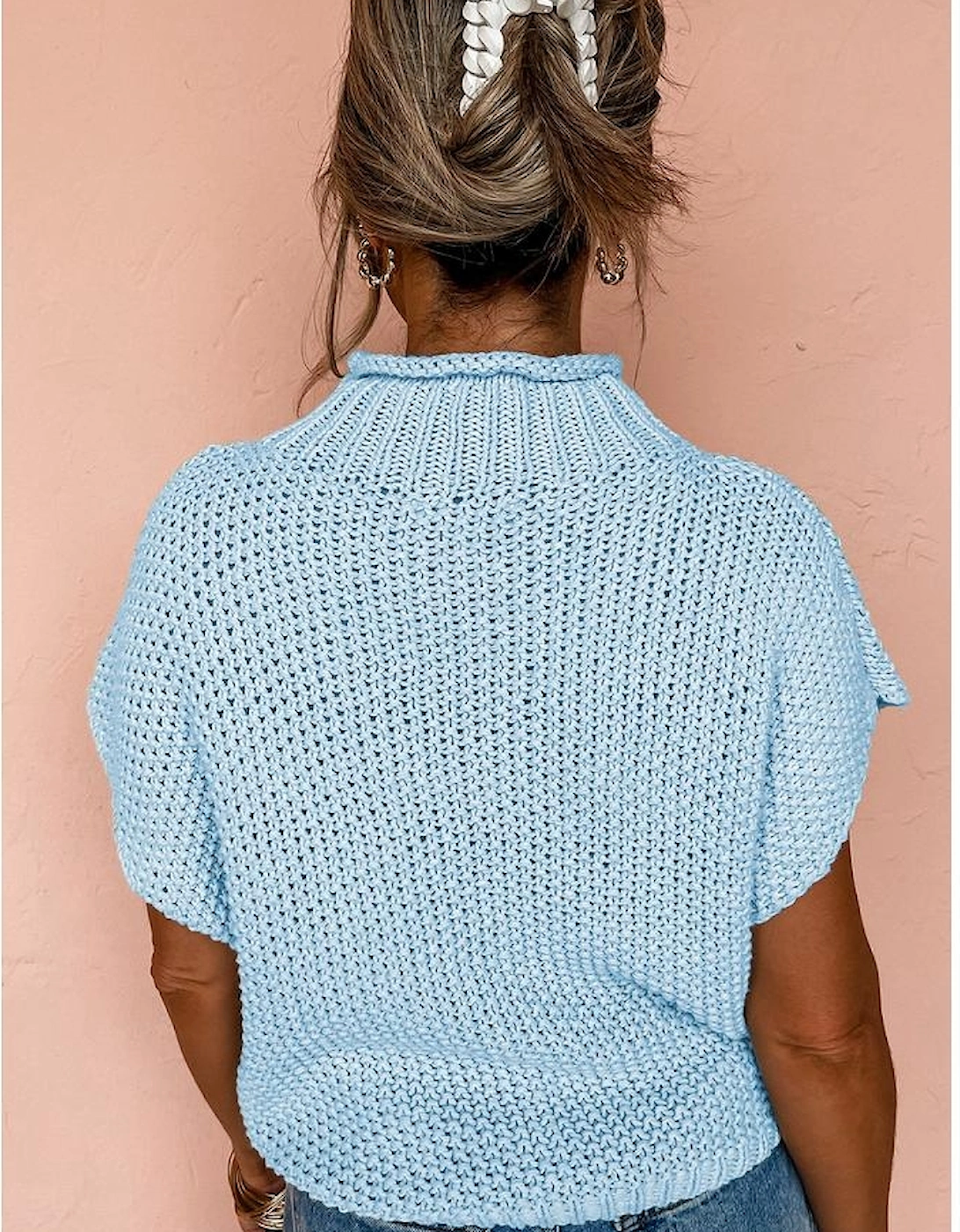 Iceland Blue High Neck Bat Short Sleeve Sweater