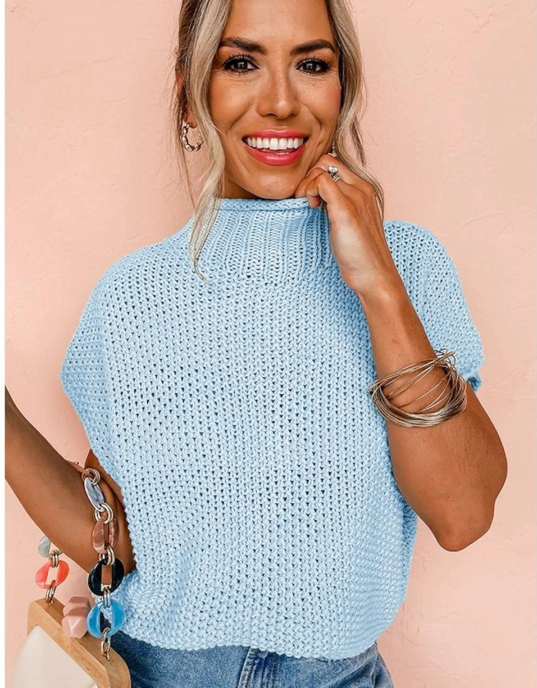 Iceland Blue High Neck Bat Short Sleeve Sweater