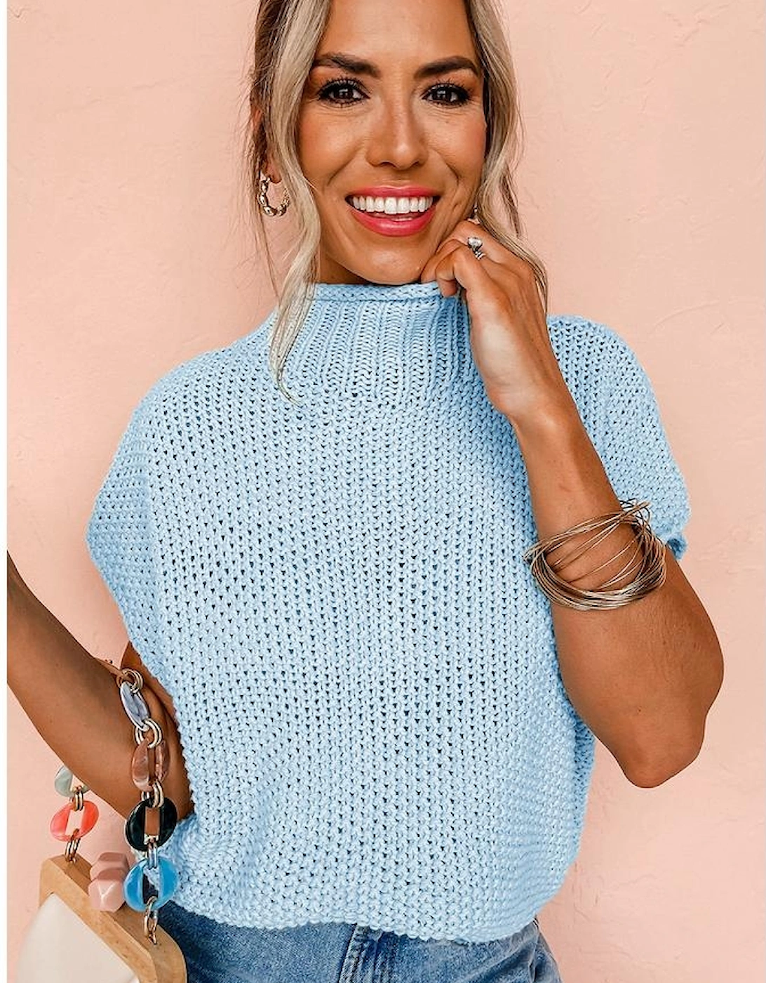 Iceland Blue High Neck Bat Short Sleeve Sweater