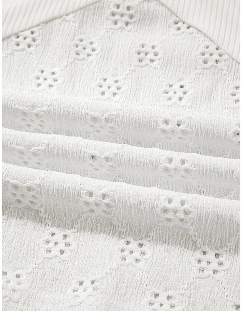 White Twisted Rib Patchwork Embroidered Loose V Neck Long Sleeve Top