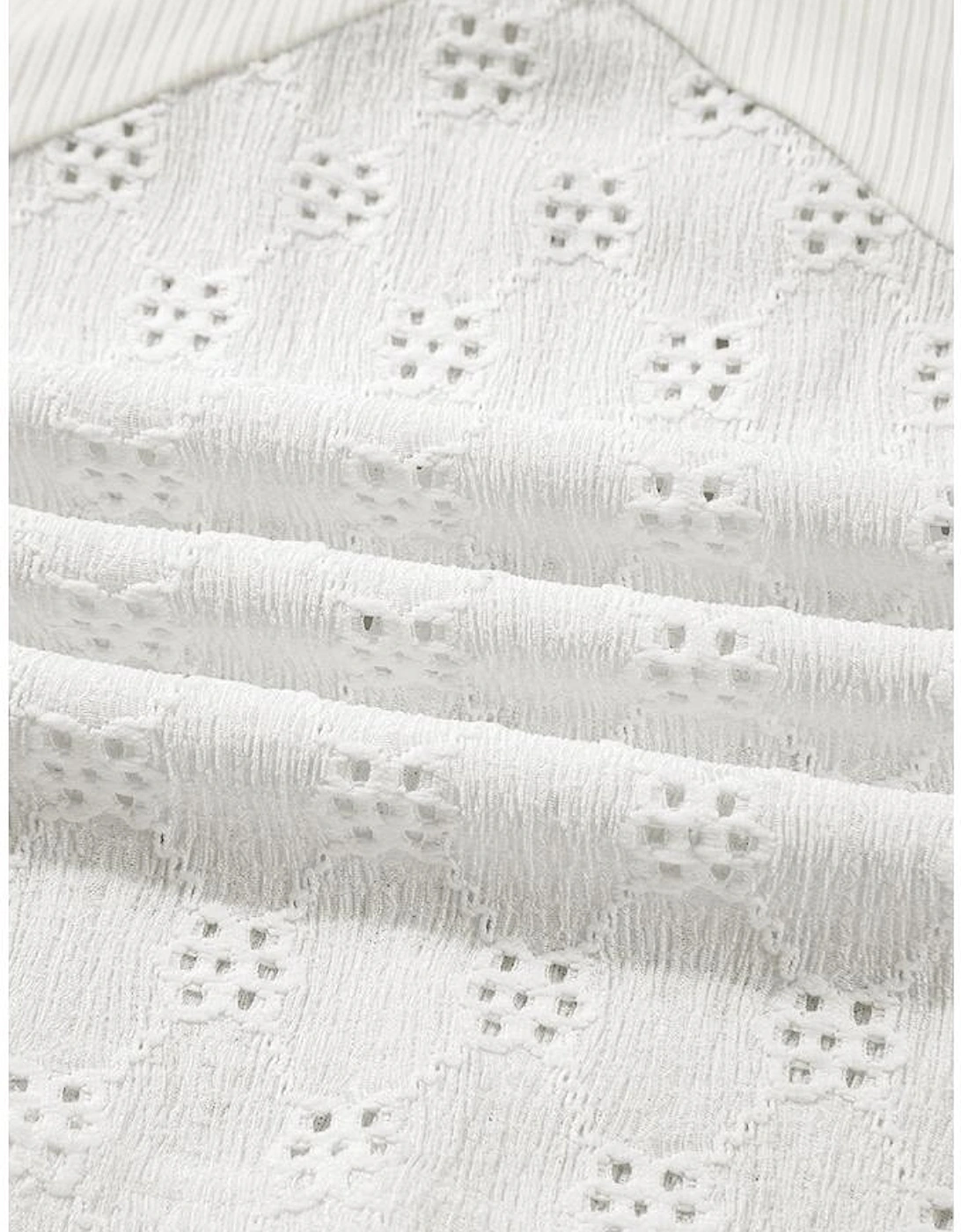 White Twisted Rib Patchwork Embroidered Loose V Neck Long Sleeve Top