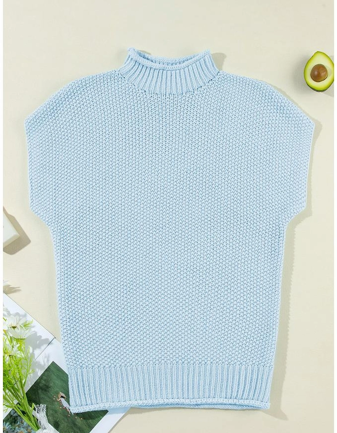 Iceland Blue High Neck Bat Short Sleeve Sweater