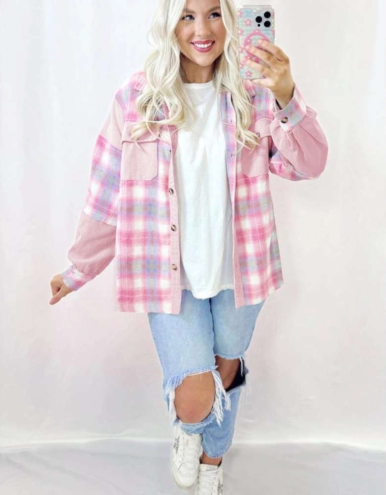 Pink Brushed Plaid Corduroy Flap Pockets Patchwork Shacket