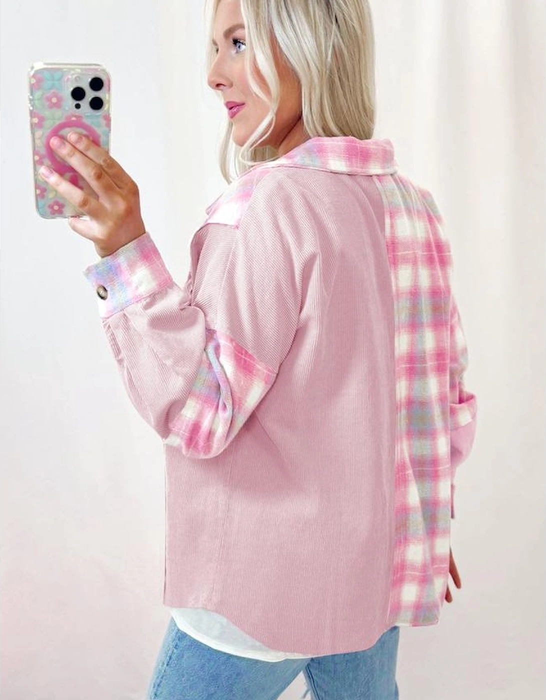Pink Brushed Plaid Corduroy Flap Pockets Patchwork Shacket, 6 of 5