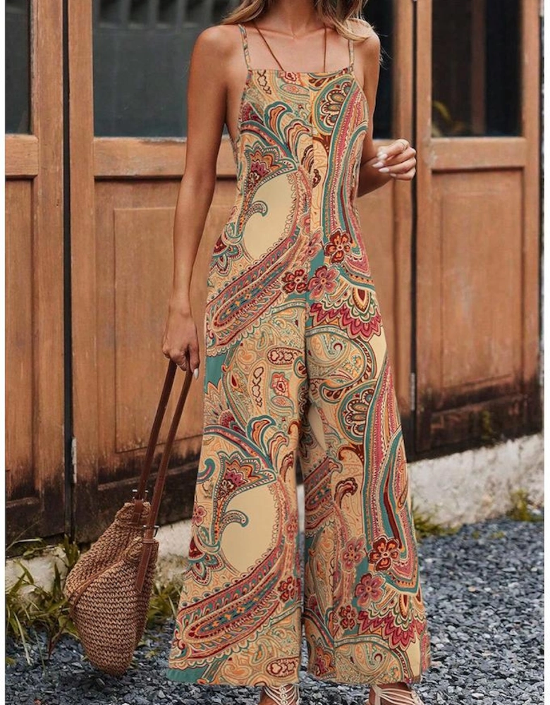 Red Paisley Printed Spaghetti Straps Elegant Wide Leg Jumpsuit