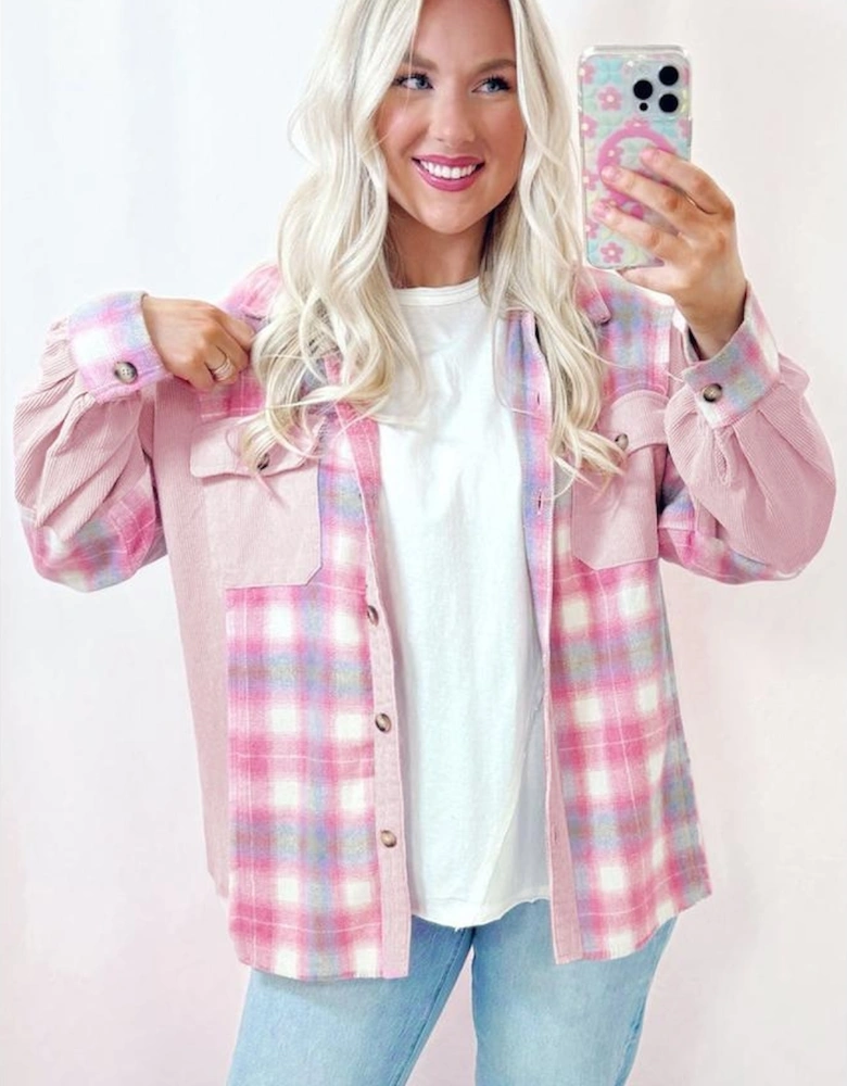 Pink Brushed Plaid Corduroy Flap Pockets Patchwork Shacket