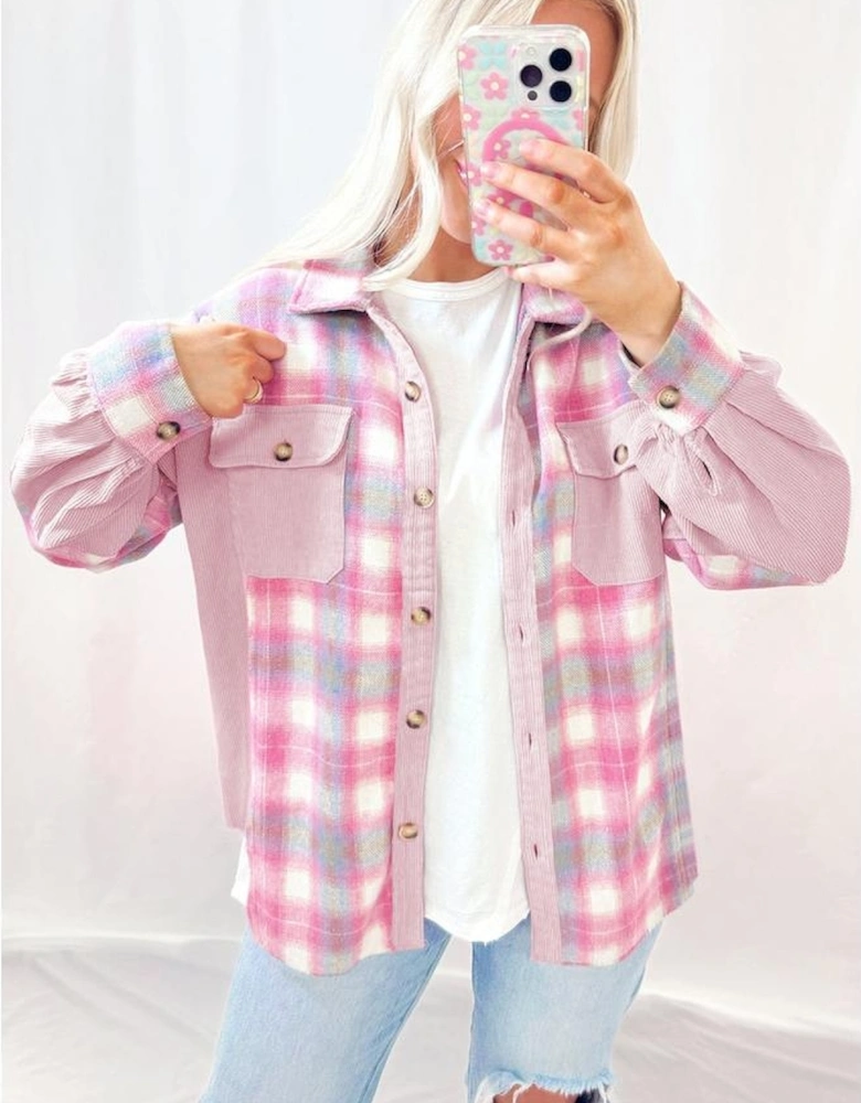 Pink Brushed Plaid Corduroy Flap Pockets Patchwork Shacket