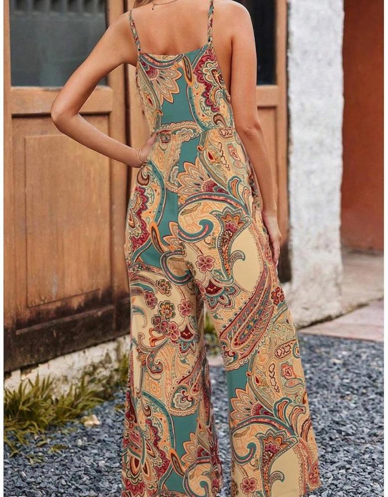Red Paisley Printed Spaghetti Straps Elegant Wide Leg Jumpsuit