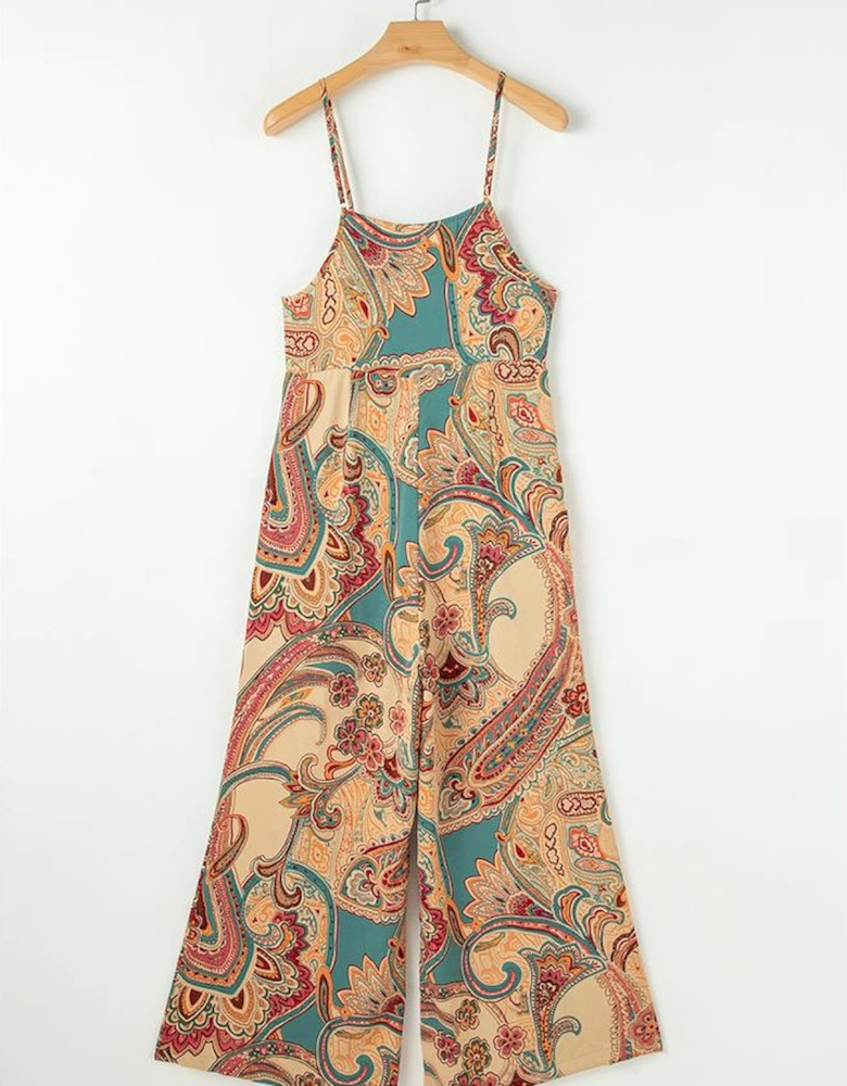 Red Paisley Printed Spaghetti Straps Elegant Wide Leg Jumpsuit