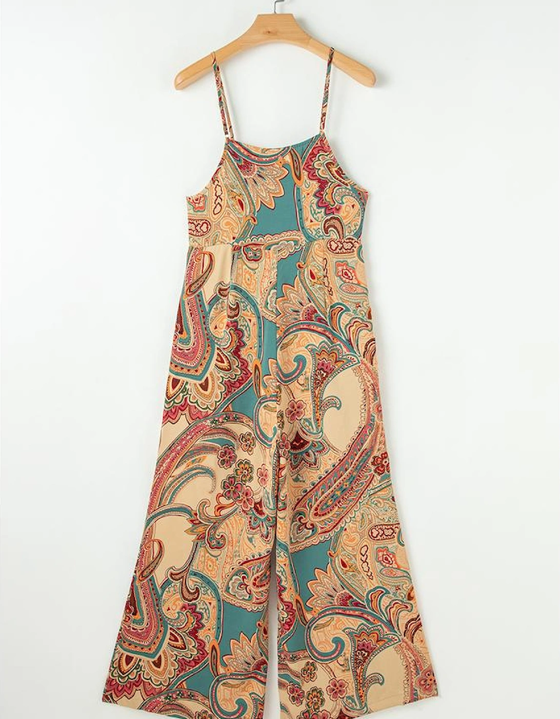 Red Paisley Printed Spaghetti Straps Elegant Wide Leg Jumpsuit