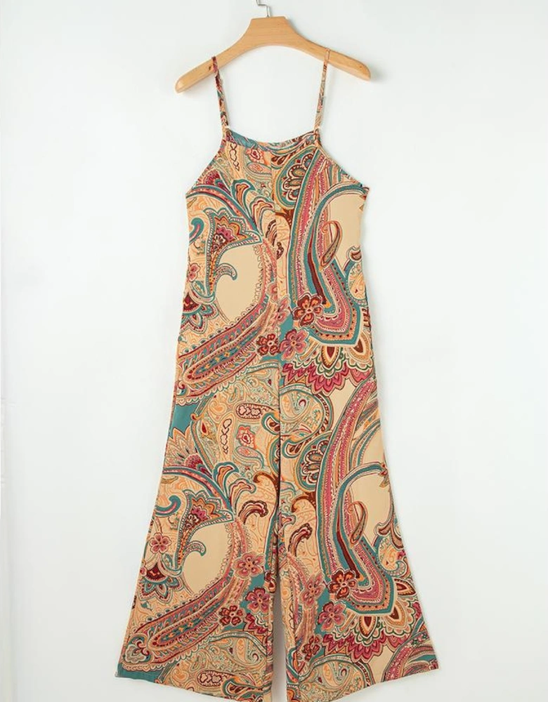 Red Paisley Printed Spaghetti Straps Elegant Wide Leg Jumpsuit