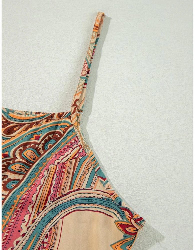 Red Paisley Printed Spaghetti Straps Elegant Wide Leg Jumpsuit