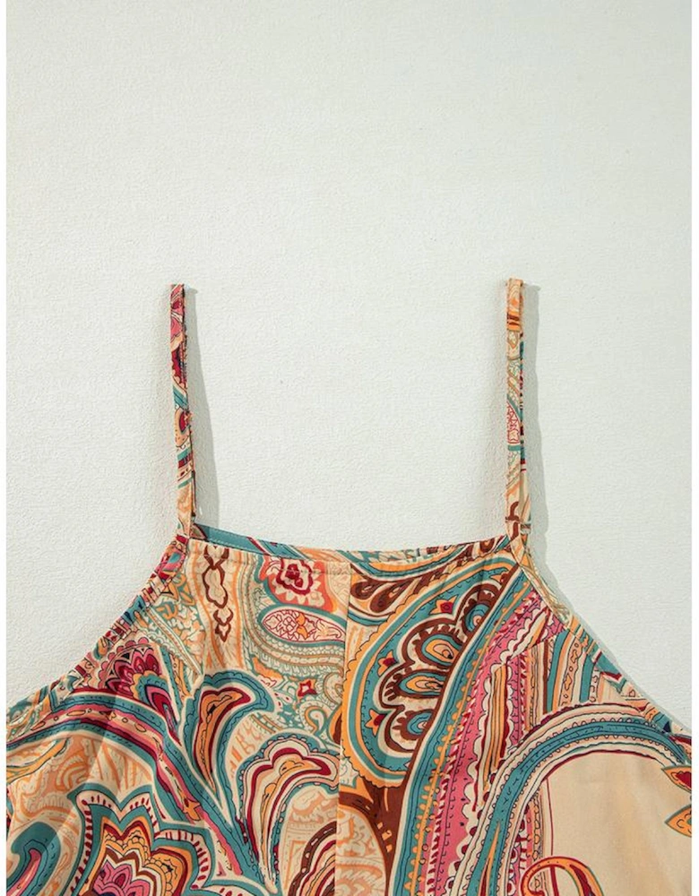 Red Paisley Printed Spaghetti Straps Elegant Wide Leg Jumpsuit