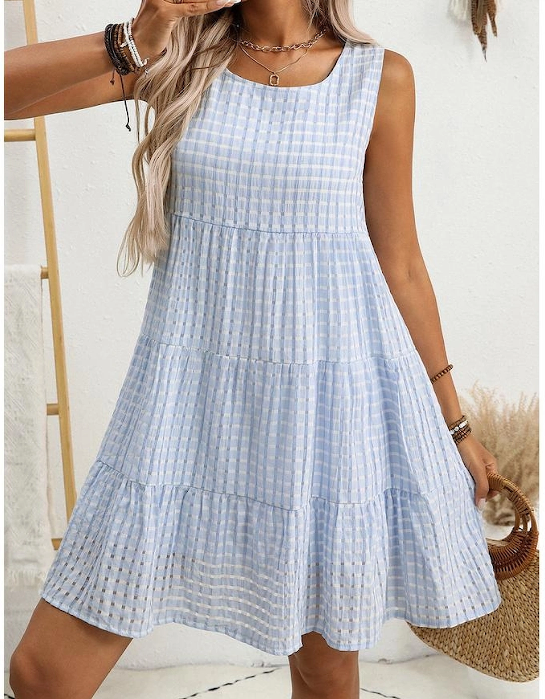 Light Blue Plaid Tiered A-line Sleeveless Mini Sundress