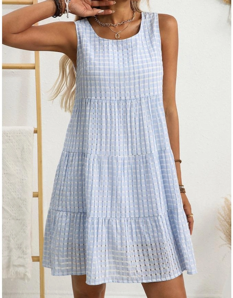 Light Blue Plaid Tiered A-line Sleeveless Mini Sundress