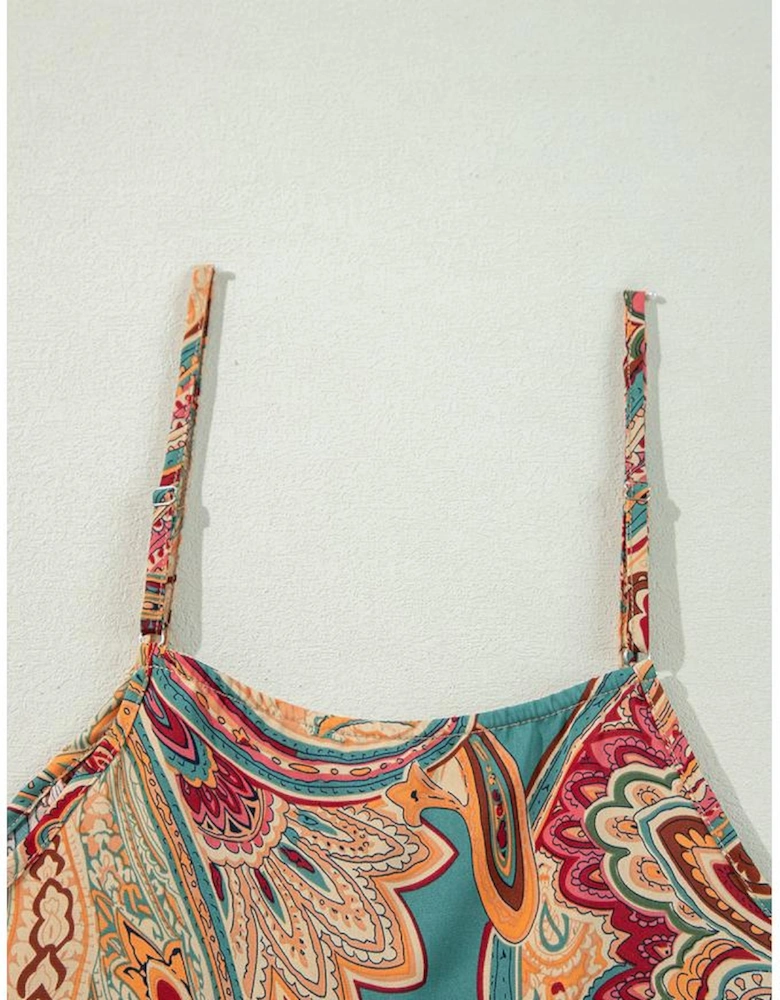 Red Paisley Printed Spaghetti Straps Elegant Wide Leg Jumpsuit