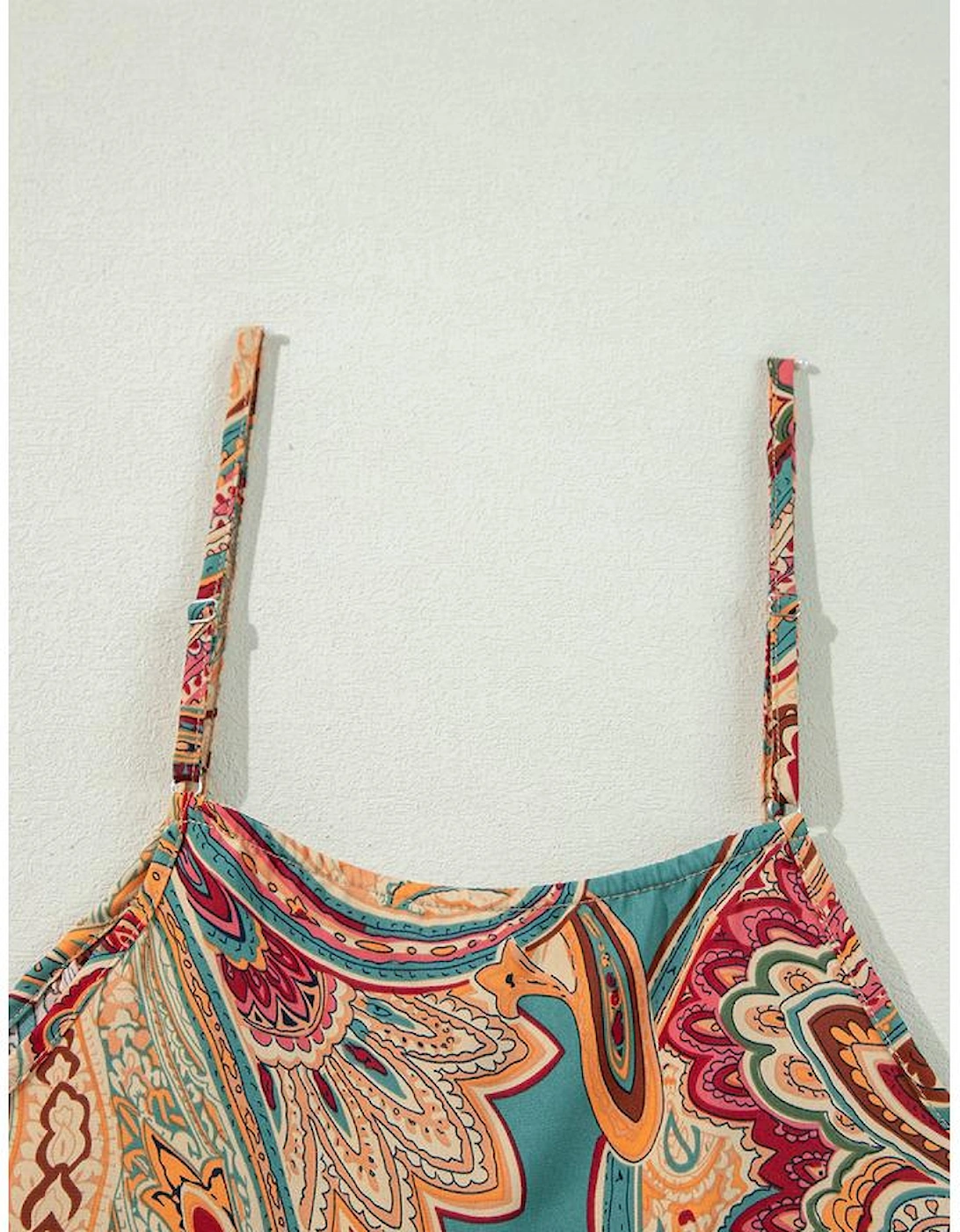 Red Paisley Printed Spaghetti Straps Elegant Wide Leg Jumpsuit