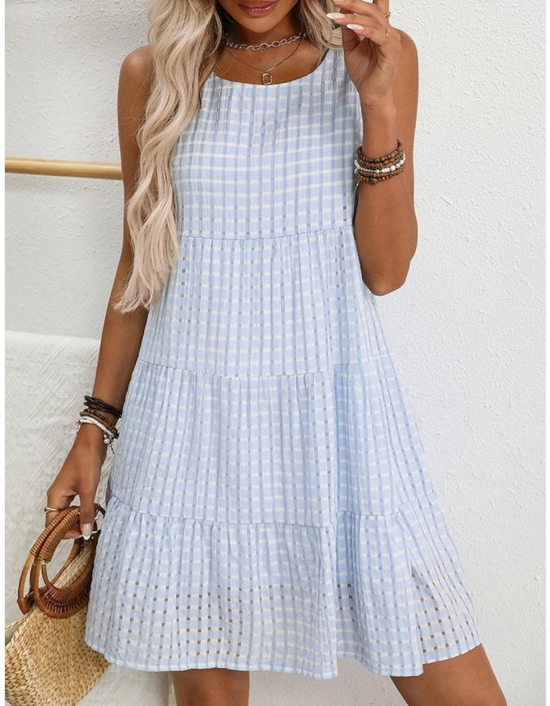 Light Blue Plaid Tiered A-line Sleeveless Mini Sundress