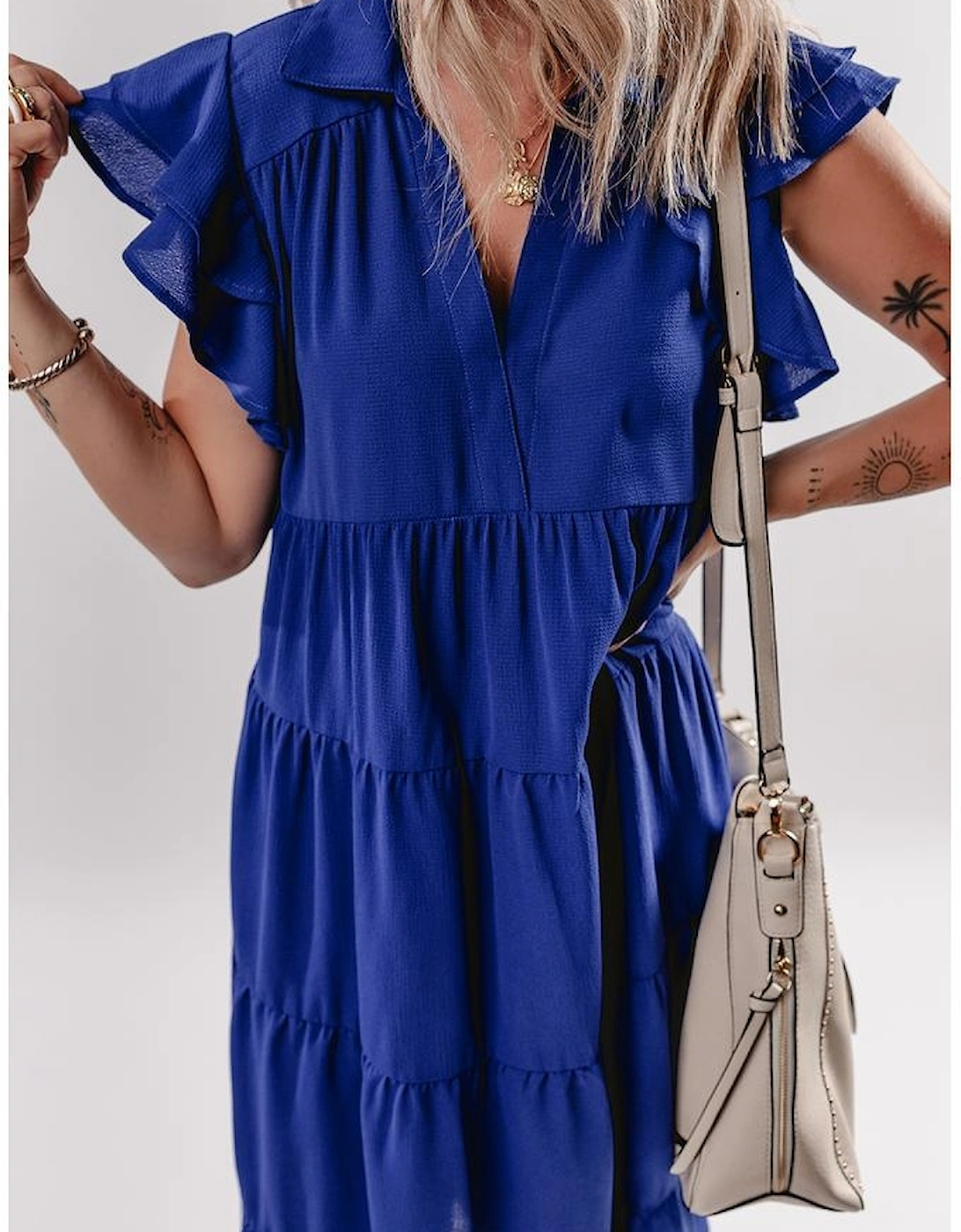 Bluing Ruffled Short Sleeve Collared V Neck Tiered Midi Dress