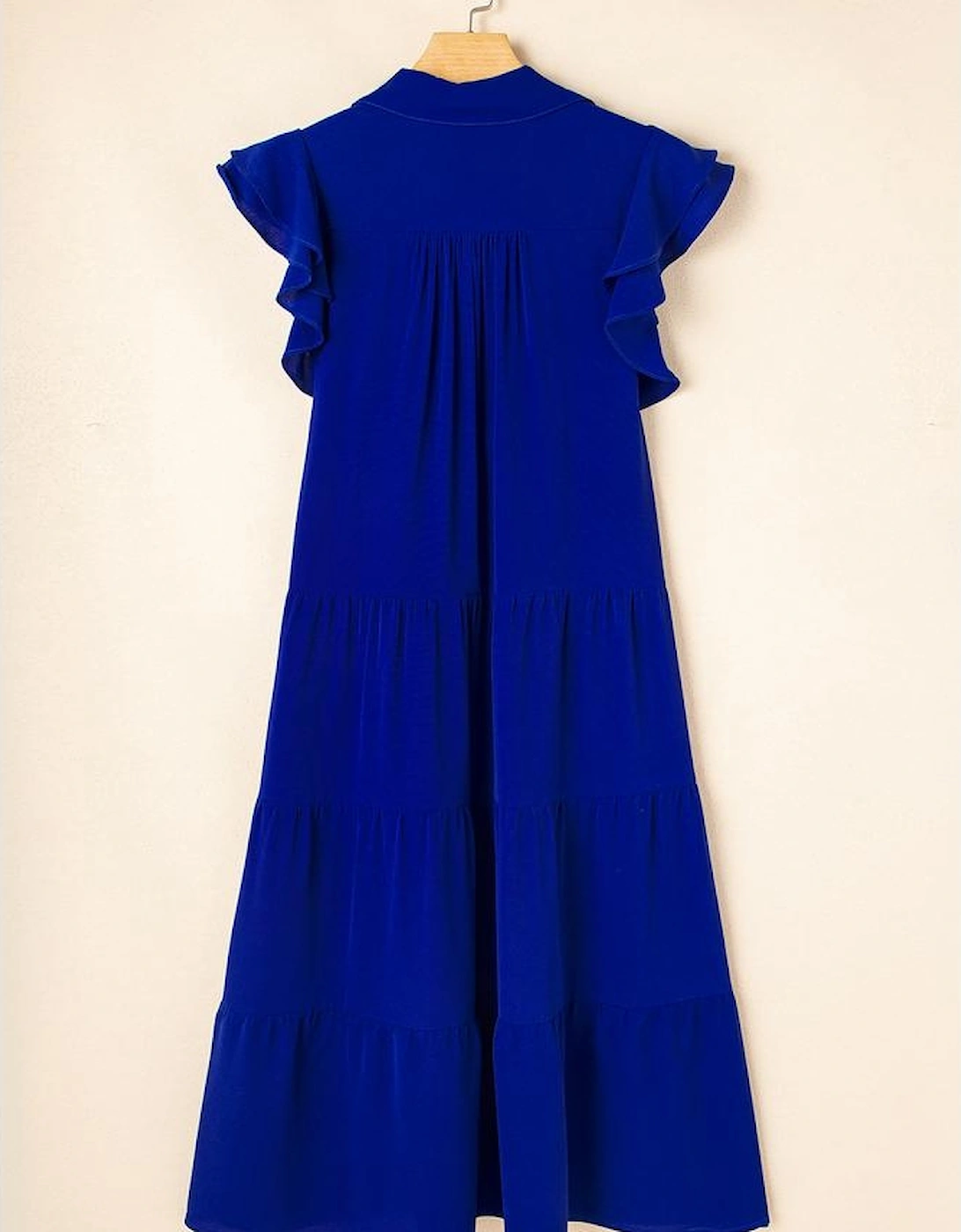 Bluing Ruffled Short Sleeve Collared V Neck Tiered Midi Dress
