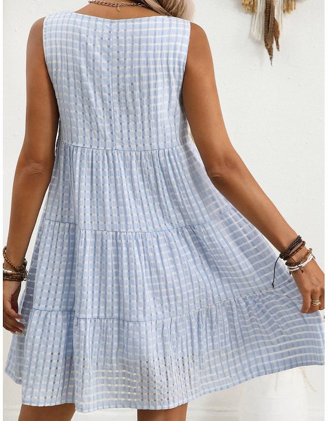 Light Blue Plaid Tiered A-line Sleeveless Mini Sundress, 5 of 4