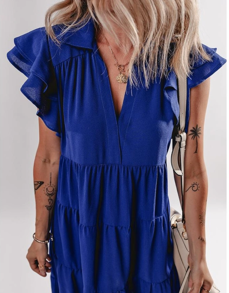 Bluing Ruffled Short Sleeve Collared V Neck Tiered Midi Dress