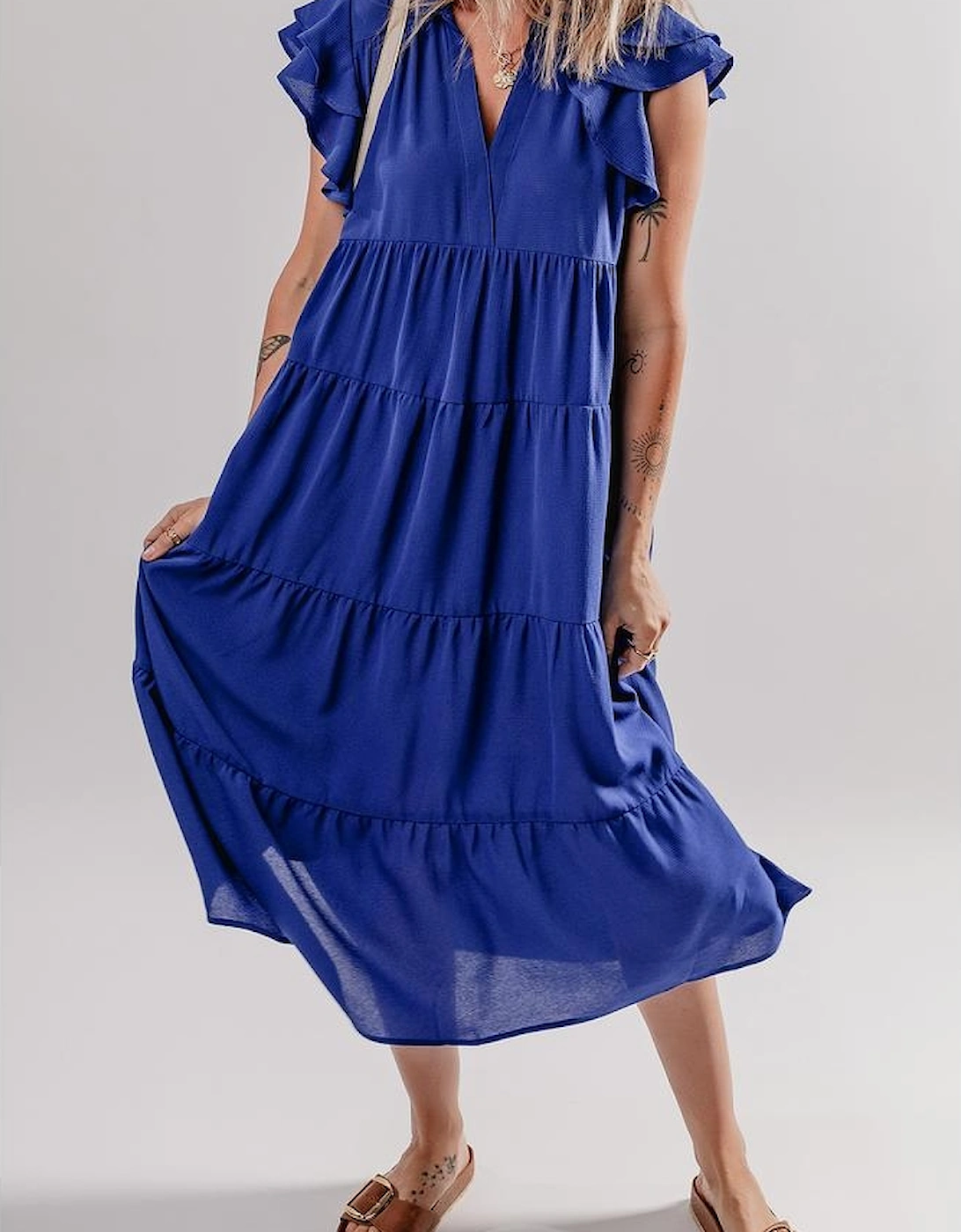 Bluing Ruffled Short Sleeve Collared V Neck Tiered Midi Dress