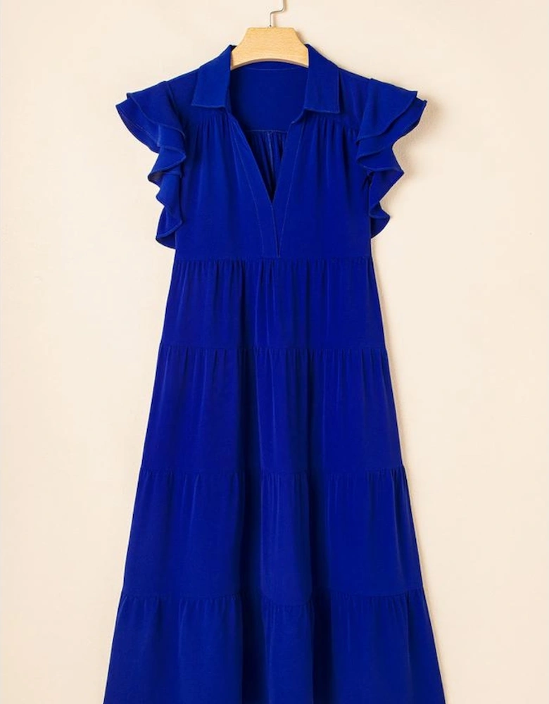 Bluing Ruffled Short Sleeve Collared V Neck Tiered Midi Dress