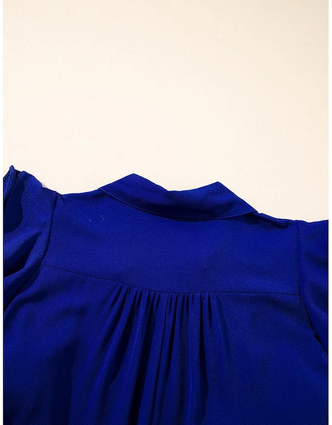 Bluing Ruffled Short Sleeve Collared V Neck Tiered Midi Dress
