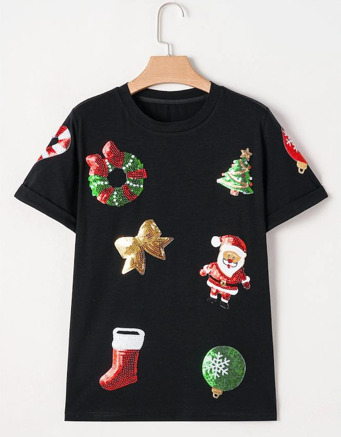 Black Sequin Christmas Essentials Graphic Crewneck T Shirt