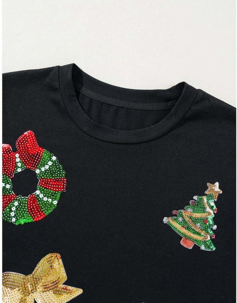 Black Sequin Christmas Essentials Graphic Crewneck T Shirt